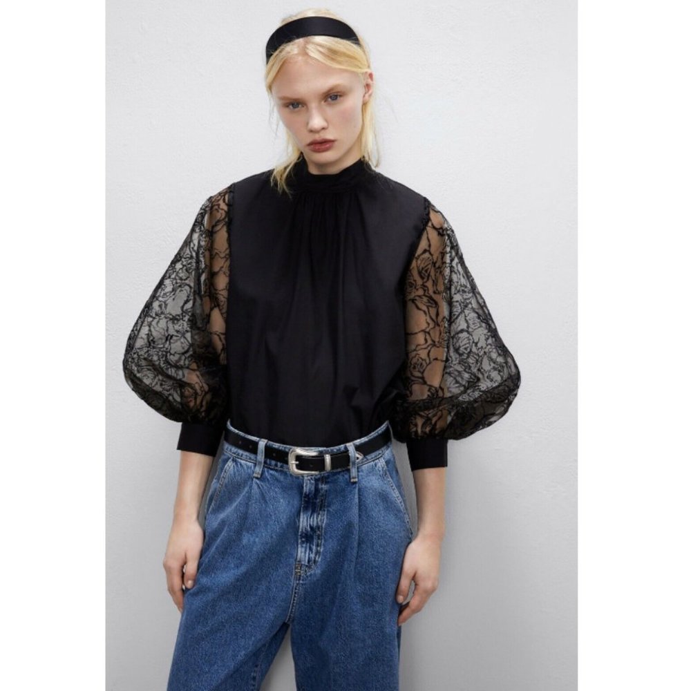 Zara Organza Sleeve Blouse Top Long Sleeve Back